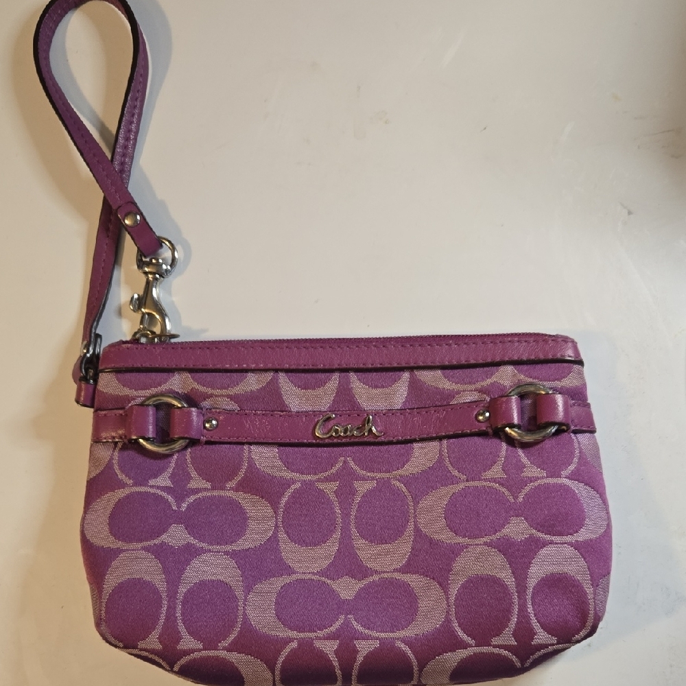Coach Signature Pattern Canvas and Leather Purple Wristlet